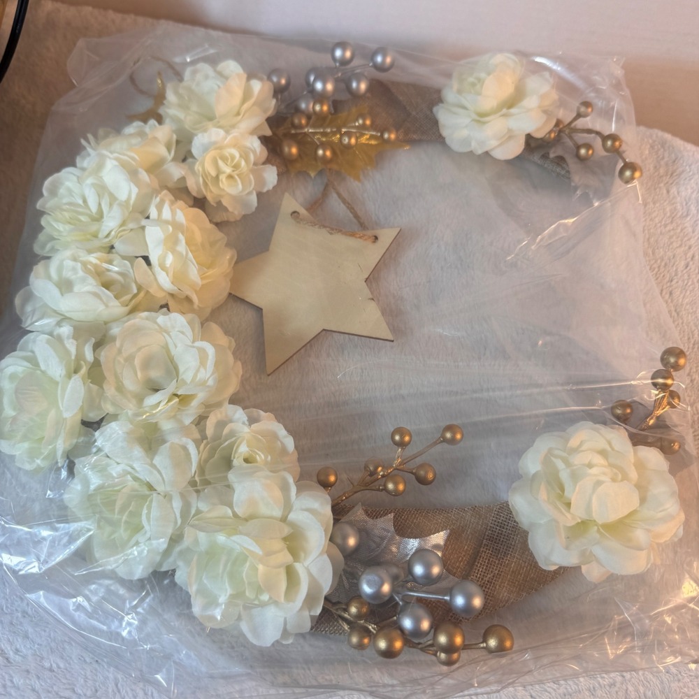 Eid Ramadan Mubarak Floral Wreath 14" White Gold Farmhouse Door Decor New